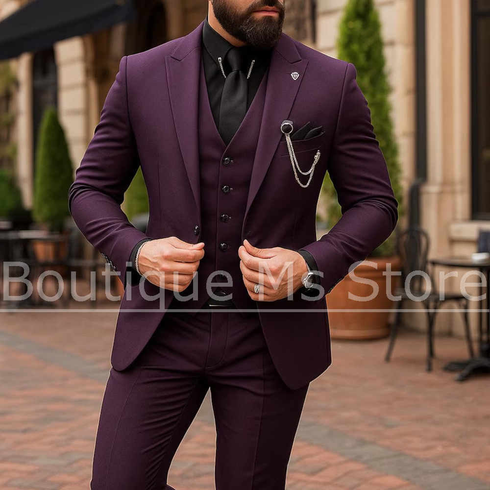 Men Formal Party Wear Outfit - Herren 3-Teiliger Anzug Einreihig Einfarbig Sakko