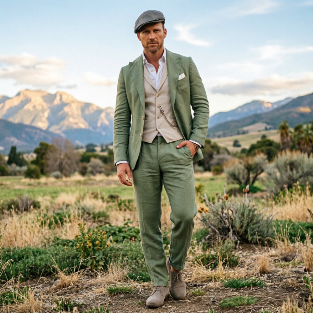 Men Formal Party Wear Outfit - Salbeigrüner Leinenanzug für Herren, 3-teilig, atmungsaktiv,