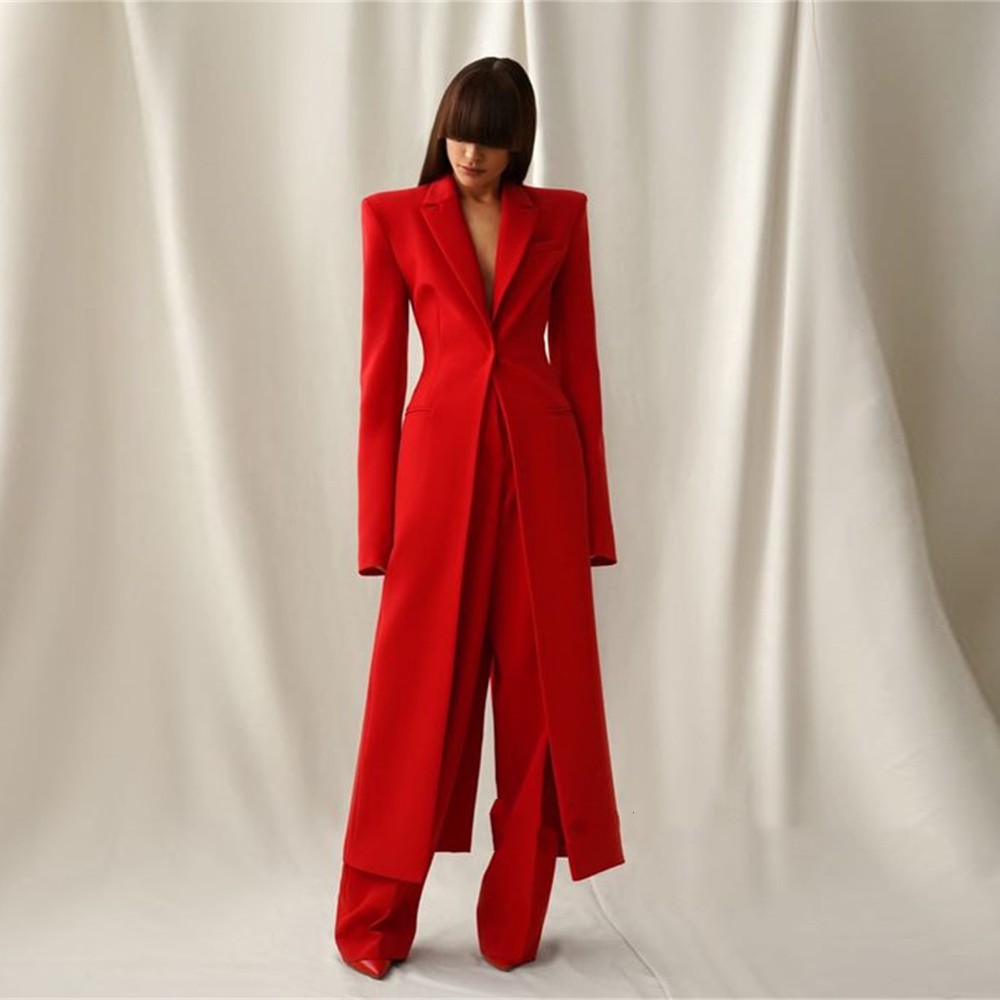 Double Breasted Blazer - Leuchtend Roter Damen Zweiteiler mit Langem