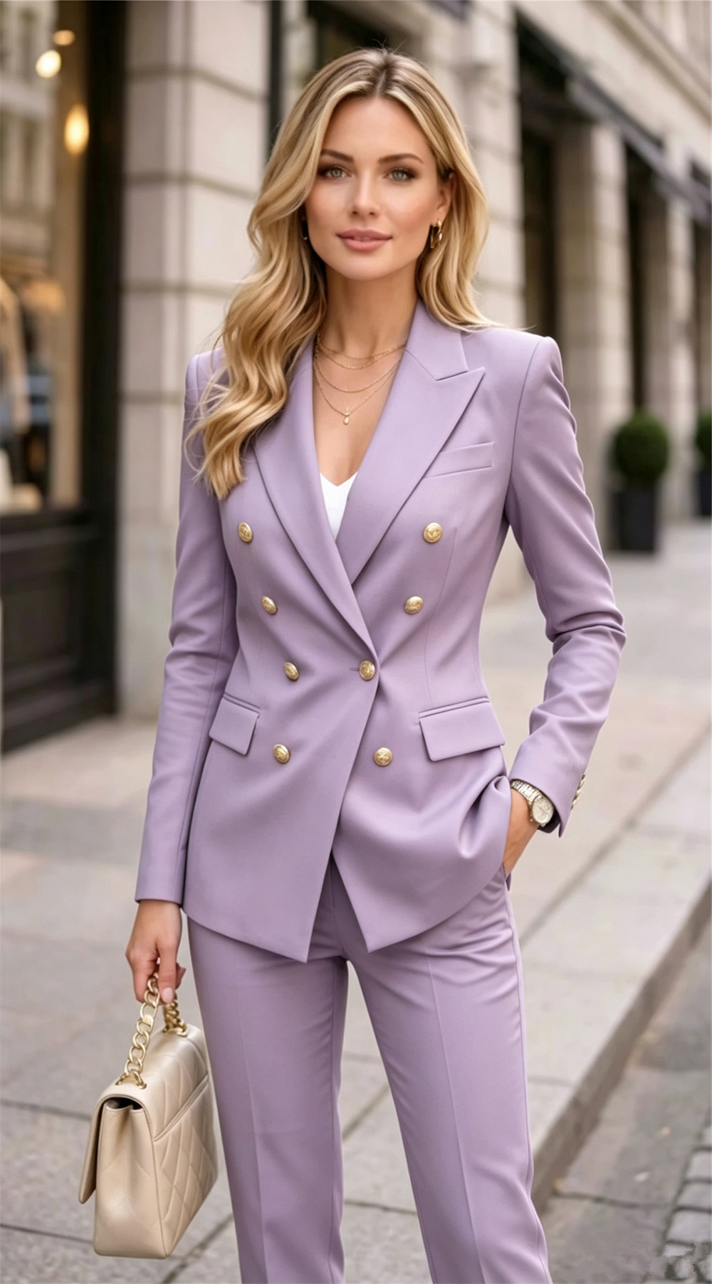 Double Breasted Blazer - Lavendelfarbener Damen-Doppelreihiger 2-Teiliger Anzug Formeller Büro-Damen-Blazer-Set