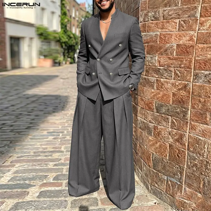 Double Breasted Blazer - INCERUN Herren-Sets Einfarbig V-Ausschnitt Langarm-Blazer Hose