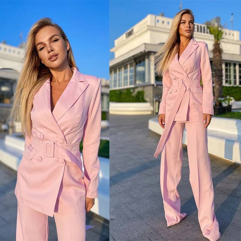 Double Breasted Blazer - Damen Rosa Anzüge 2-teilig Business-Hosenanzüge mit